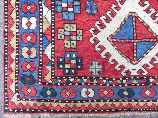 A Cute little Caucasian Kazak Rug; bold, somewhat primitive, very dynamic and beautiful.  3.8 X 5.7 ft (116x174 cm), late 19th century, just washed professionally, in excellent original condition. Acquired from  ...