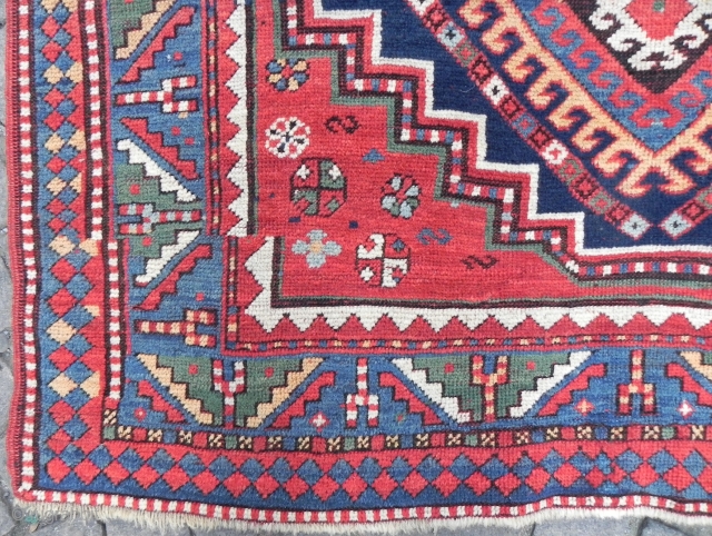 Large Caucasian triple medallion Kazak Rug, 257x143 cm, excellent condition, original ends and sides, late 19th century.                