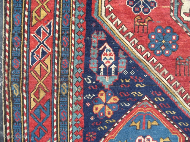 Shirvan Baku Rug, 5.2 x 3.10 (157x121 cm), dazzling colours and dynamic design, very good condition, original ends and sides, even medium pile. late 19th century. www.rugspecialist.com      