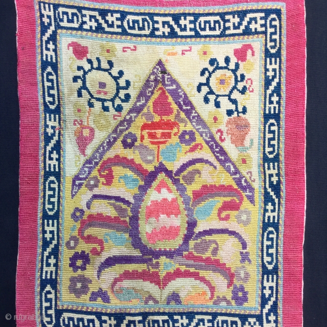 Oina khalta  with an inscription on the mihrab,19 th cent.silk embroidery on cotton,Cm.32x42,very good condition,mounted on a stretcher.              