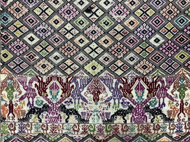Antique Sardinian textiles from Oristano area in line and wool,most probably a chest cover,partially worn,a hole but still beautiful and rare.Cm.75x250.            