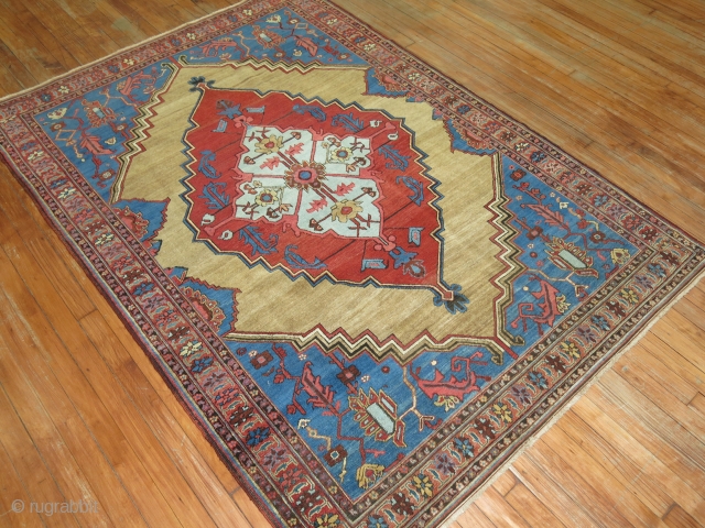 Rare square compact size Camel Field circa 1900 Persian Bakshaish rug. The harmonious colors, skillful geometry and weavers craftsmanship make this rug an absolute work of art. The quality on this as  ...