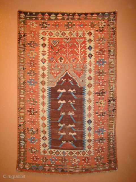 Turkish Prayer Kilim. 42X69 inches or 107X175 Cm. All intact with some repair/refill of the oxidized brown in the border area as shown.          