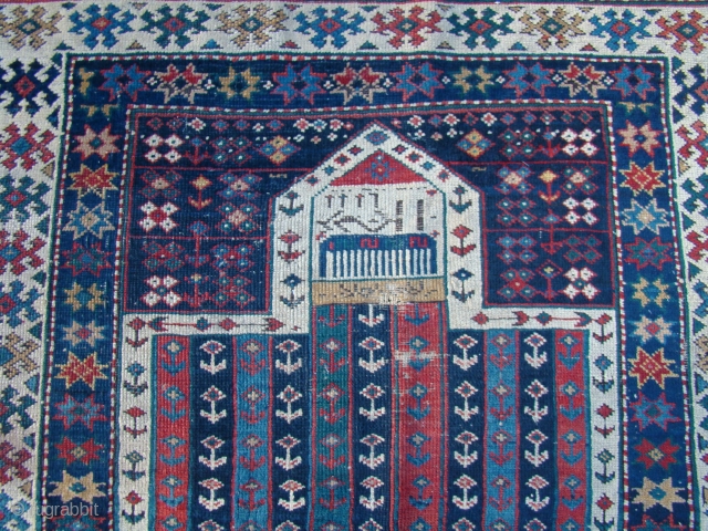 Handsome Caucasian Prayer Rug, Akstafa? 37X49 inches 94X125 Cm. Minor wear and a few small holes plus a crease stitched as shown. Overall very inexpensive to restore.      