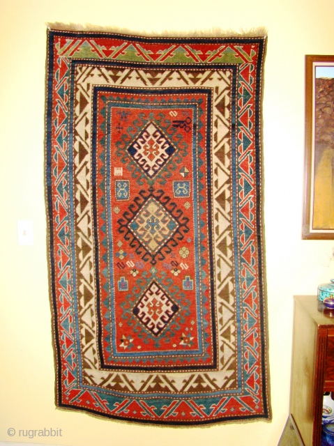 Handsome Borchalo Kazak rug in good original condition. 40X72 inches 102X183 Cm Some little spots of old repair but no reweave. Remnants of original kilim ends...       