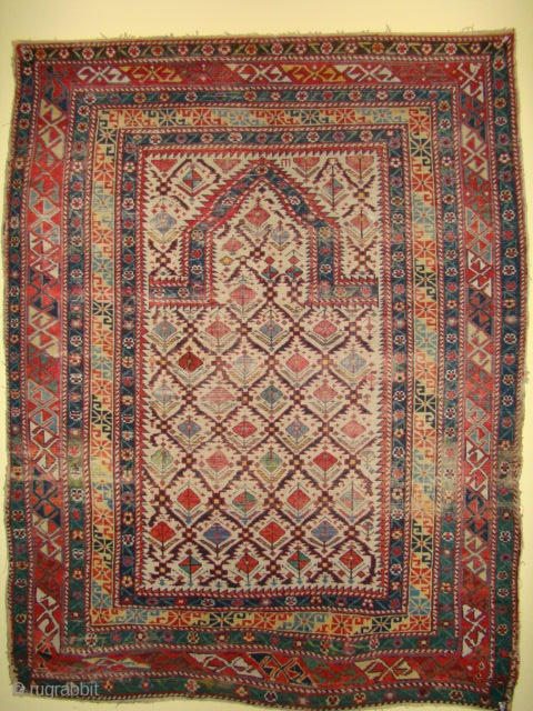 Antique Daghestan Prayer Rug with a great double border. All intact with the flatweave on both ends. A bit rough on the sides, a patch in one lattice and some old touch  ...