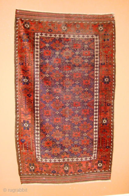 Snow flake Khorasan Baluch. 45"X75"  115X190 cm including the kilim ends. Minakhani border, Soft and supple with shiny wool, hard to photograph with light reflection..       