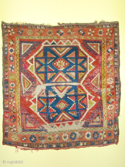 Turkish Anatolian village rug, Konya? with great colors except some aniline red in the flat weave on the bottom end and part of the side as shown. Also scattered small amount in  ...