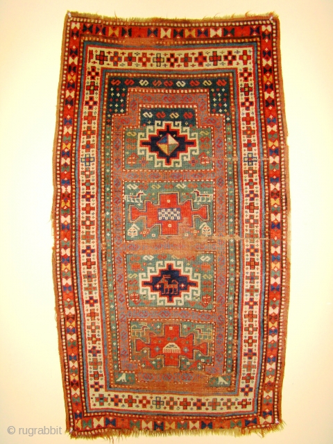 Small Karachof Kazak, probably a prayer rug. Great colors. 33X60 inches OR 85X152 Cm. Oxidized brown, some wear and creases as shown but has decent pile and will look much better after  ...