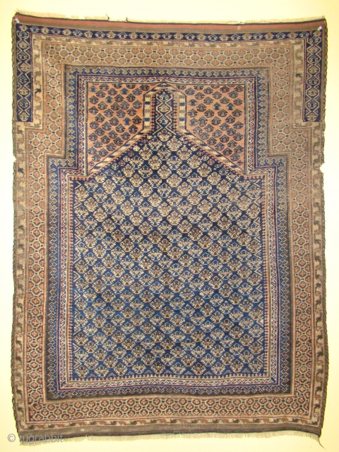 Baluch Prayer Rug. Textile like handle. All original with light purple, Ivory, 2 Blues, Brown, Peach. 40X53 inches 102X135 Cm.             