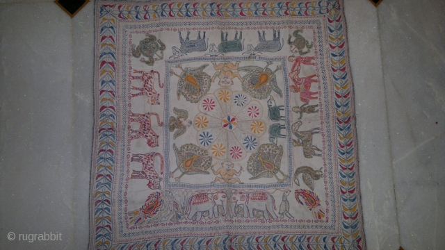 WONDERFUL "KANTHA" FROM MUSHIDABAD(WEST BENGAL) , VERY INTRICATE AND FINE WORK DONE. A PICTORIAL TEXTILE WITH ALL FIGURES OF ANIMALS , HUMAN , BIRDS ETC MAY BE USED AS A WRAP FOR  ...