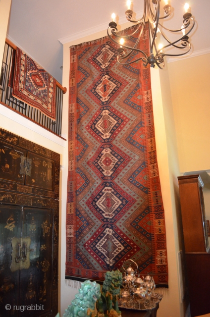 An extraordinary kilim, very large, measures 15' 7" long (add 6" for fringe) x 69" wide, 2 piece, the border has an incredible salmon color border.  The condition and colors are  ...