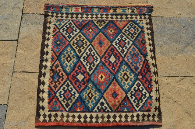 Beautiful early slit tapestry bag, wonderful condition, good age.  Measures 23" high x 20" wide.                 
