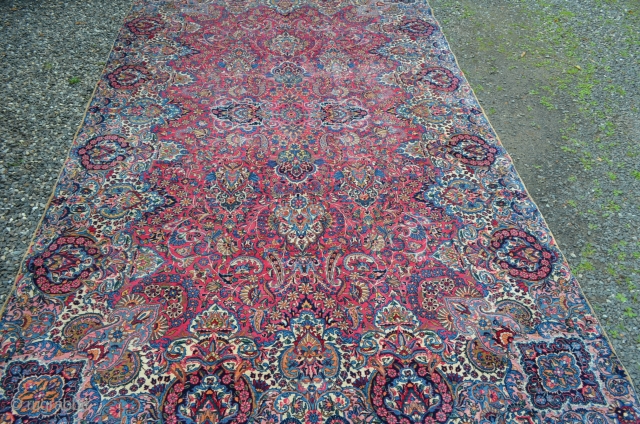 A very nice overall pattern Kerman, good colors, nice early piece.  A few low areas, see photos.  Reasonably priced.  Measures 9'8" x 15'9"       