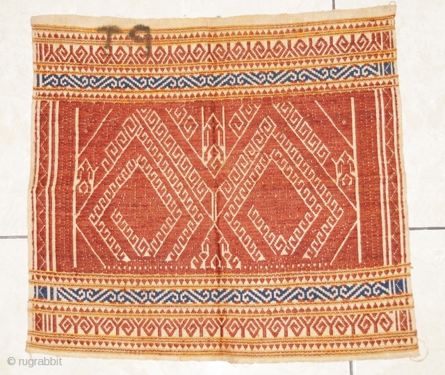 #rb064 a rare silk embroidery Tampan ceremonial cloth from Lampung region south Sumatra Indonesia, Paminggir people handspun cotton natural dyes supplementary weft weave, good condition size: 39 cm x 40 cm
  