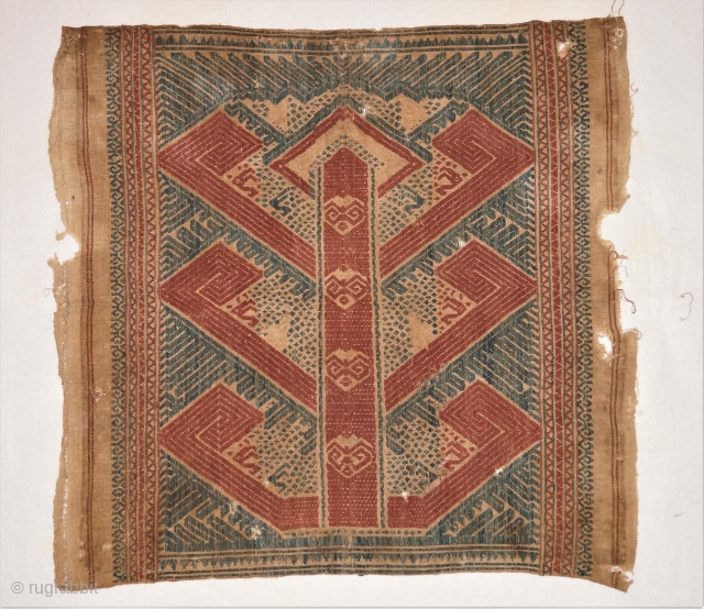 Rare Tampan kalianda ceremnial ship cloth with red and blue ship, pasisir people Lapung region Kalianda district southern Sumatra Indonesia, 18 - 19th century, handspun cotton natural dyes.     