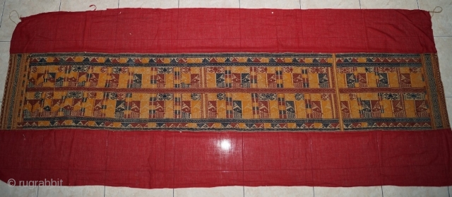 #rb014 a very large Palepai ceremonial (Ship cloth) from Lampung south Sumatra Indonesia, rare with band of wayang / human motif, late 19th century supplementary weft weaving, home spun cotton, silk silver  ...