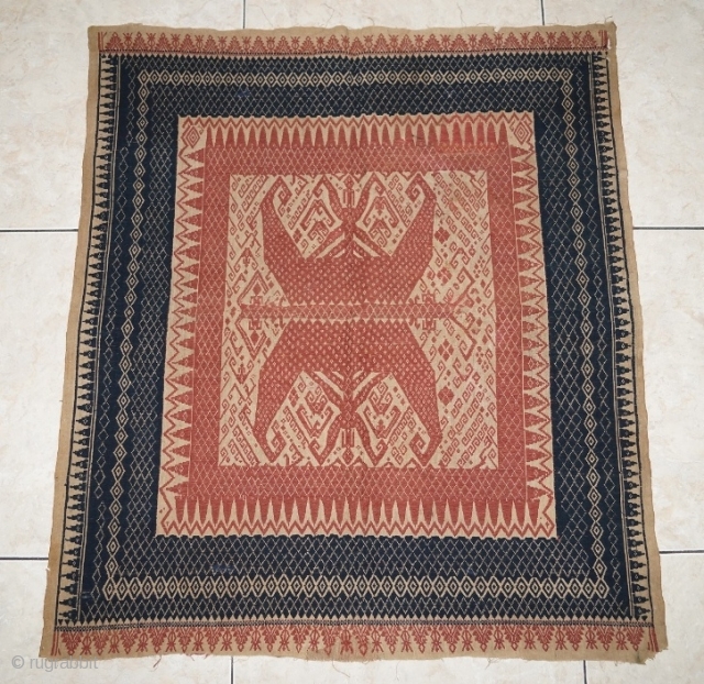 #rb031 Rare and large Red Tampan ceremonial cloth Kalianda or Jabung district Lampung south Sumatra Indonesia, Paminggir people handspun cotton natural dyes supplementary weft weave, rare with red and blue color motif,  ...