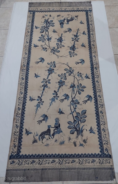 Javanese Batik pekalongan from Dutch colonial era, with red riding hood story motif, fairly good condition with some damage re stitched as fair condition as a very old textile, early 20th century. 