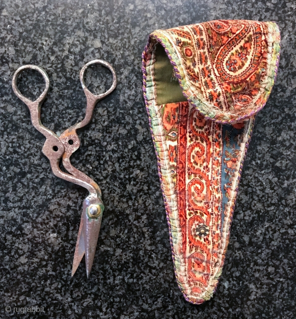 An antique Persian metal scissors and silk velvet scissors bag, dating to the 19th century Iran. These are probably from Yazd region of Iran. Scissor bags in general are hard to find  ...