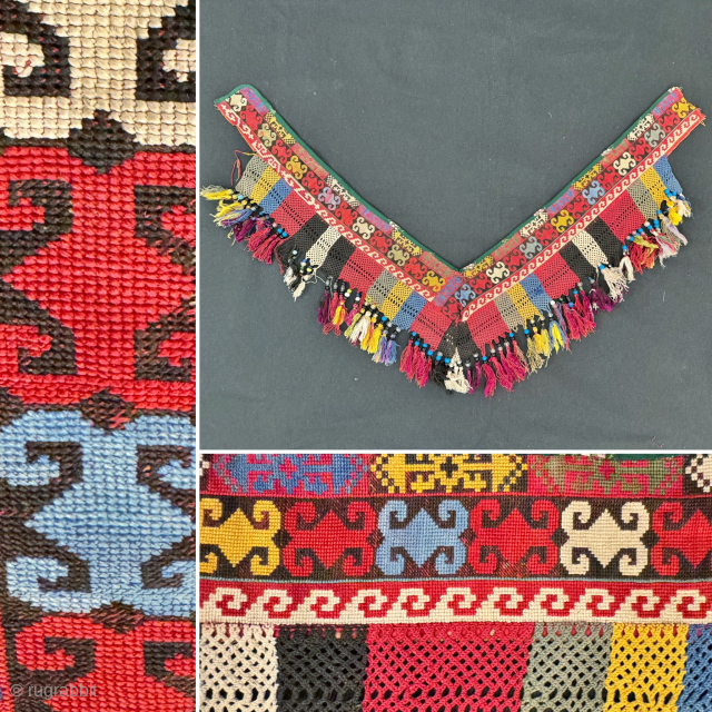 An exceptional antique Uzbek Lakai Tribe silk cross stitched embroidered 'saygosha' hanging, dating to late 19th century. These 'v' shaped hangings were dowry textiles, initially made to attach to the elegant and  ...