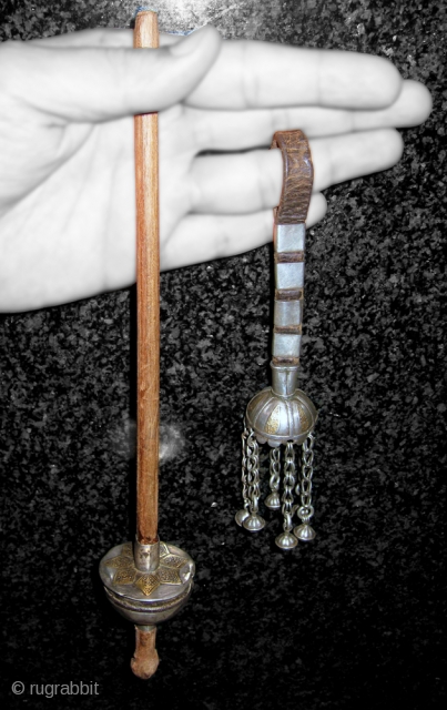 An exceptional and very rare antique Turkoman / Turkmen Yomut / Yomud silver with gilded applique on leather ring weight (for holding down the thread) and a matching spindle. Such effects were  ...