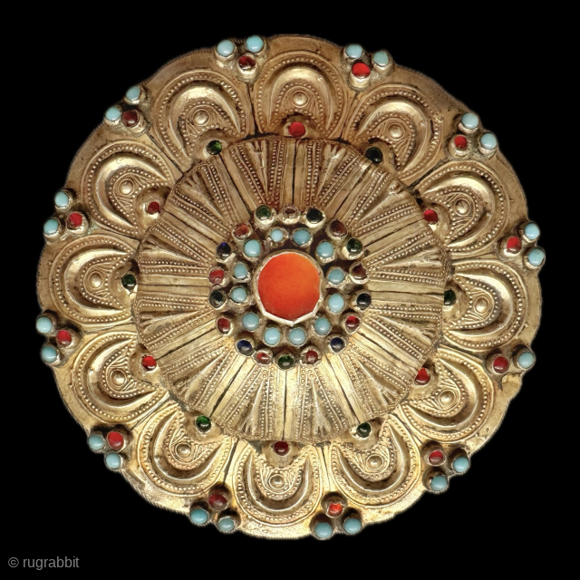 A majestic large scale antique gold appliqué and silver with turquoise and glass inset, Turkoman / Turkmen Yomut / Yomud tribe, bridal jewellery ornament known as Girda or Gulyakhan. Dating to late  ...