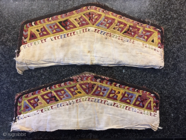 A very rare example of a pair of antique Turkoman / Turkmen Diziyks (Camel Knee covers), made by the Ersari tribe during the  19th century. Camel Knee covers pairs are rare  ...