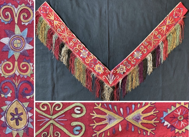 An exceptional antique Uzbek Lakai Tribe silk embroidered 'saygosha' hanging, dating to 19th century. These 'v' shaped hangings were dowry textiles, initially made to attach to the elegant and decorative bridal bed  ...
