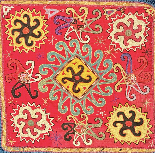 a striking antique Uzbek Lakai tribe silk embroidered talismanic ilgich hanging dating to the late 19th century. These bridal embroideries were made as dowry offerings and hung on yurts / tents as  ...