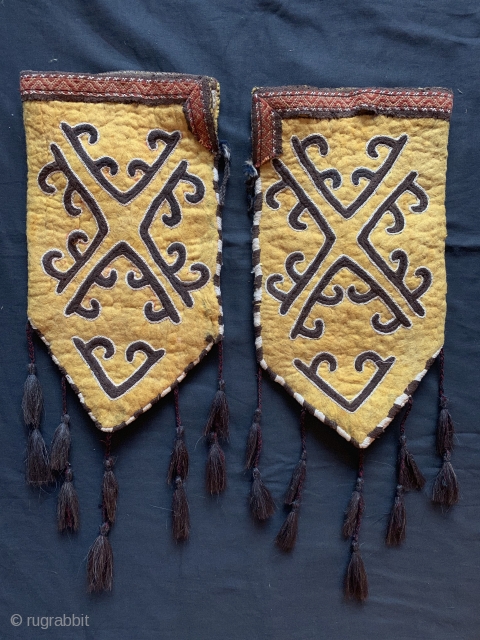 a rare pair of antique Kirghiz namad / felt embroidered Ok bash, dating between late 19th century and early 1900's . These yurt / tent textiles were possibly tent pole covers for  ...