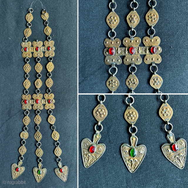 A brilliant antique gold appliqué and silver Turkoman / Turkmen Yomut / Yomud tribe bridal jewellery for hair cover. Dating to the late 19th century / early 1900’s, this bridal jewellery was  ...
