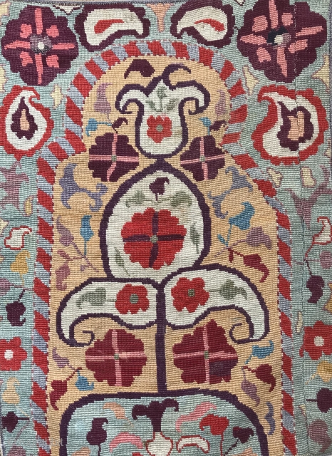 An exceptional antique Uzbek Shahrisabz ( Shahkhrsyabz ) silk embroidery dating to the 3rd quarter of 19th century. This excellent example of a very rare type is fully embroidered using fine silks  ...