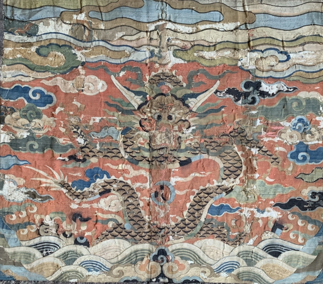 A museum grade and very rare Antique imperial early 17th century Chinese Ming dynasty dragon gold and silk k'o-ssu / Kesi weaving.. This is one of the rarest type of textile that  ...