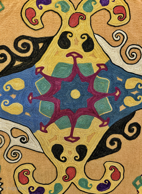 A fantastic antique Uzbek Lakai tribe silk embroidered talismanic ilgich hanging fragment dating to the 19th century. These bridal embroideries were made as dowry offerings and hung on yurts / tents as  ...