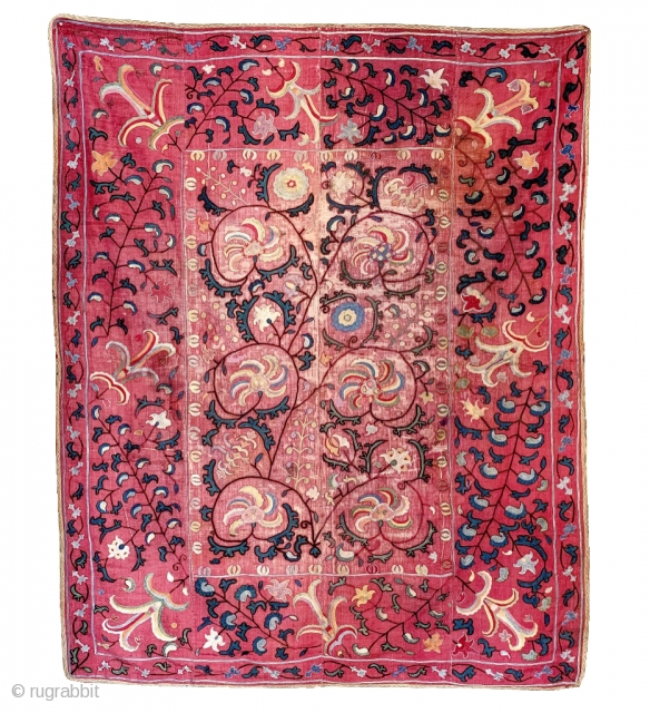 An outstanding silk on silk embroidered antique Uzbek suzani / susani from the rural Shahrisaz regions of Uzbekistan. For its type, it is a relatively older example dating to the 3rd quarter  ...