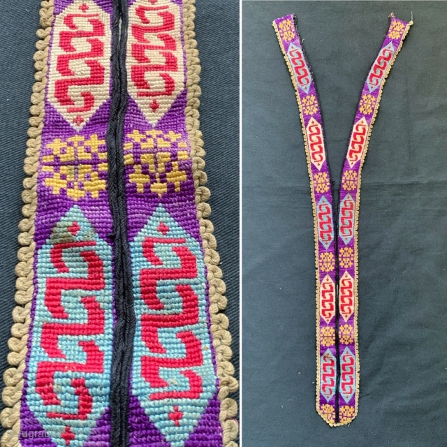 An excellent antique Uzbek Shahrisabz silk embroidered dress collar decoration dating to the 19th century. Shahrisabz region produced some of the most beautiful of all Central Asian embroideries. Their iroqi stitch (not  ...