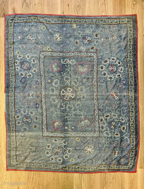 A funky antique silk embroidered Uzbek Suzani from Shahrisabz rural areas, dating between 1900-1920’s. A relatively later example but still echoes the design form of the early Shahrisabz suzanis and rather attractive  ...