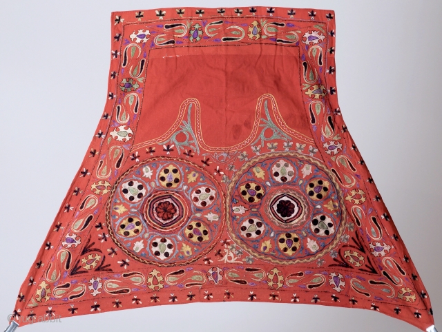 An exceptional antique Central Asian silk embroidered horse blanket / saddle cover.  Dating to the third quarter of 19th Century, this fine ethnographic embroidery is attributed to the Uzbek people and  ...