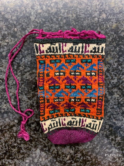 A beautiful and rare antique silk woven Persian or Kurd bag / pouch, dating to late 19th century / early 1900. Such little bags were very likely dowry offerings and tribal. This  ...