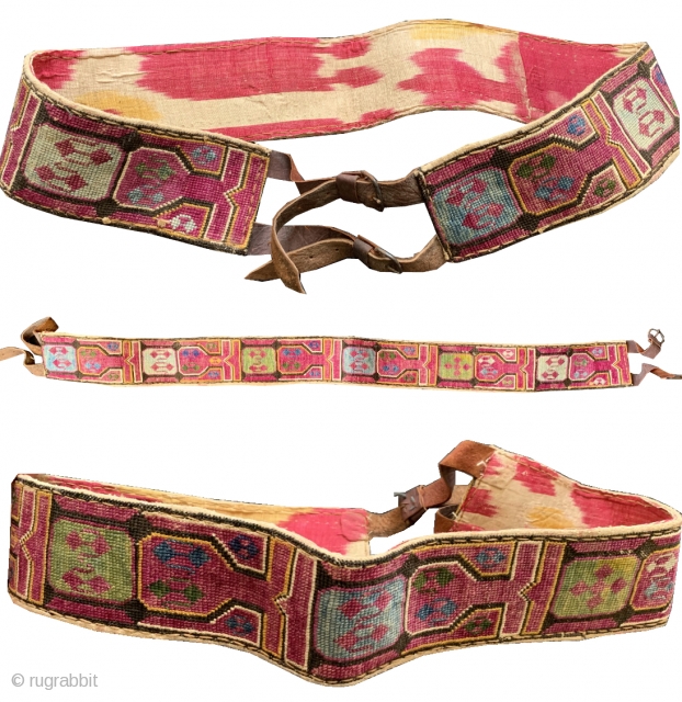 A beautiful antique silk cross-stitched belt made by the Uzbek Lakai tribe of Central Asia. This fine and functional belt, dates around early 1900's and was worn likely by a man over  ...