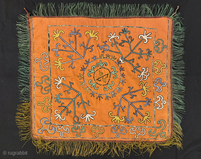 A charming antique Uzbek silk chain-stitched on beige wool / bannot fabric dating to early 1900’s. Similar to the work of Lakai tribe but it likely made by another rural tribe. Very  ...