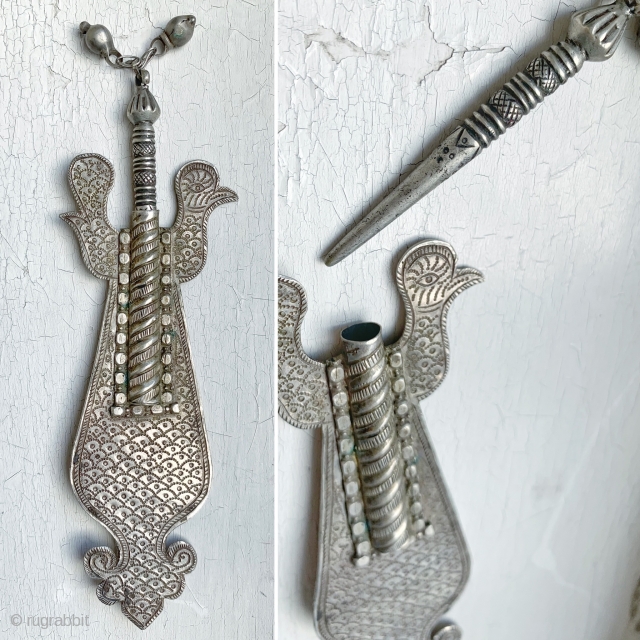 An excellent and rare bird themed silver surma dani / Kohl (eyeliner) container and pen from 19th century Persia or western Afghanistan border region. These were actually a prized possession of wealthy  ...