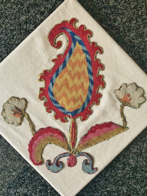 Another outstanding  antique Uzbek Shahrisabz silk suzani fragment (mounted on a canvas) dating around mid and 19th century. The elegant boteh design with branches and smaller flowers is a visual delight.  ...