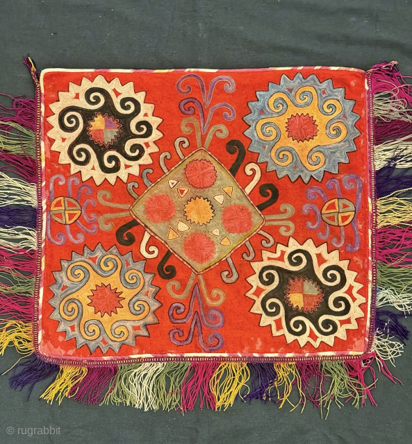 A dazzling antique Uzbek Lakai tribe silk embroidered talismanic ilgich hanging dating to the late 19th century. These bridal embroideries were made as dowry offerings and hung on yurts / tents as  ...