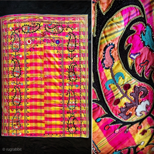 A visually dazzling antique Uzbek silk on silk nim suzani from Shahrisabz region dating to early 1900’s. It is fine silk chain stitched on a chequered silk ground. I’m not sure but  ...