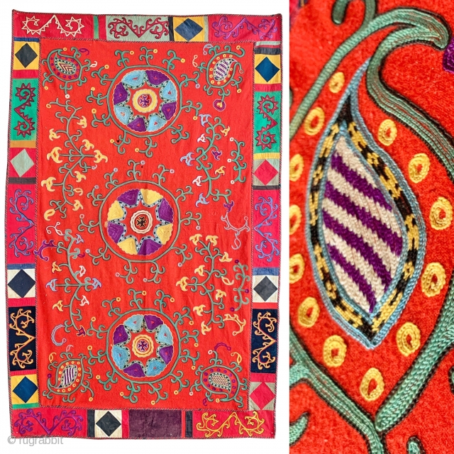 An exceptional and rare example of antique Uzbek Lakai tribe silk embroidered suzani dating to late 19th century. Often silk on coloured ground suzanis are wrongly attributed to Lakai when they were  ...