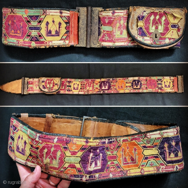 An excellent antique Central Asian silk embroidered belt with original leather backing, pocket and gilded insert buckle. It dates to late 19th century and it is an excellent example work by a  ...