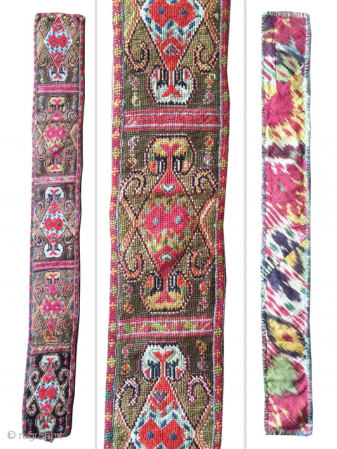 An exceptional antique Uzbek silk cross-stitched belt. It dates to the 3rd quarter of the 19th century. It is very likely attributed to the Shahrisabz region. Many often mistakenly and generically call  ...