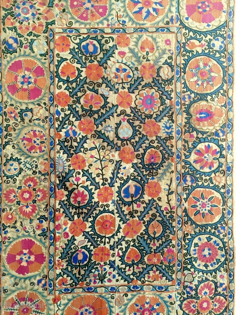 An Outstanding Antique Uzbek Bokhara Suzani / Susani dating between mid and third quarter of 19th Century.. This fine masterpiece has very fine silk embroidery in a combination of chain-stitched and basma/  ...